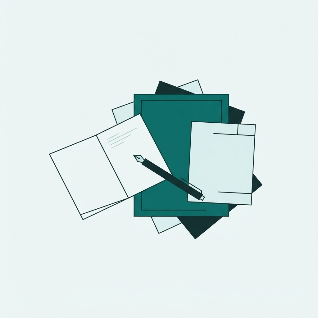 Abstrakte geometrische Illustration eines Schreibtisches mit Papierformen und einer Notizbuch-Silhouette